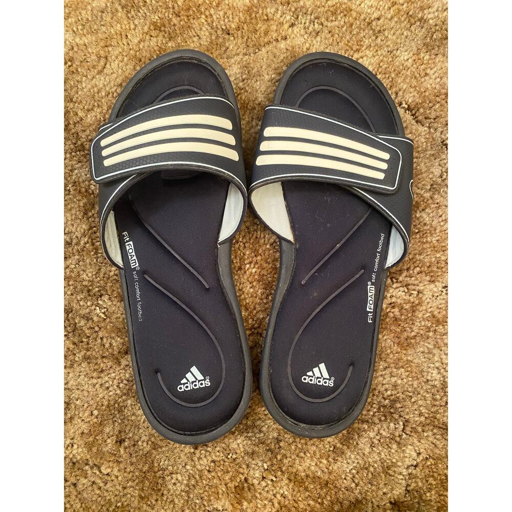 Adidas FitFoam Comfort Slides Navy White Women's Size 9 Three Stripe Adjustable